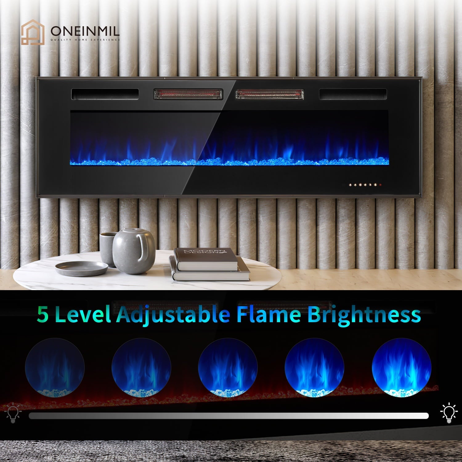 ONEINMIL 60" Electric Fireplace, Recessed 3.2'' Ultra Thin Wall-Mounted Heater w/Adjustable Flame Colors & Speed, Fireplace with Touch Screen and Remote Control