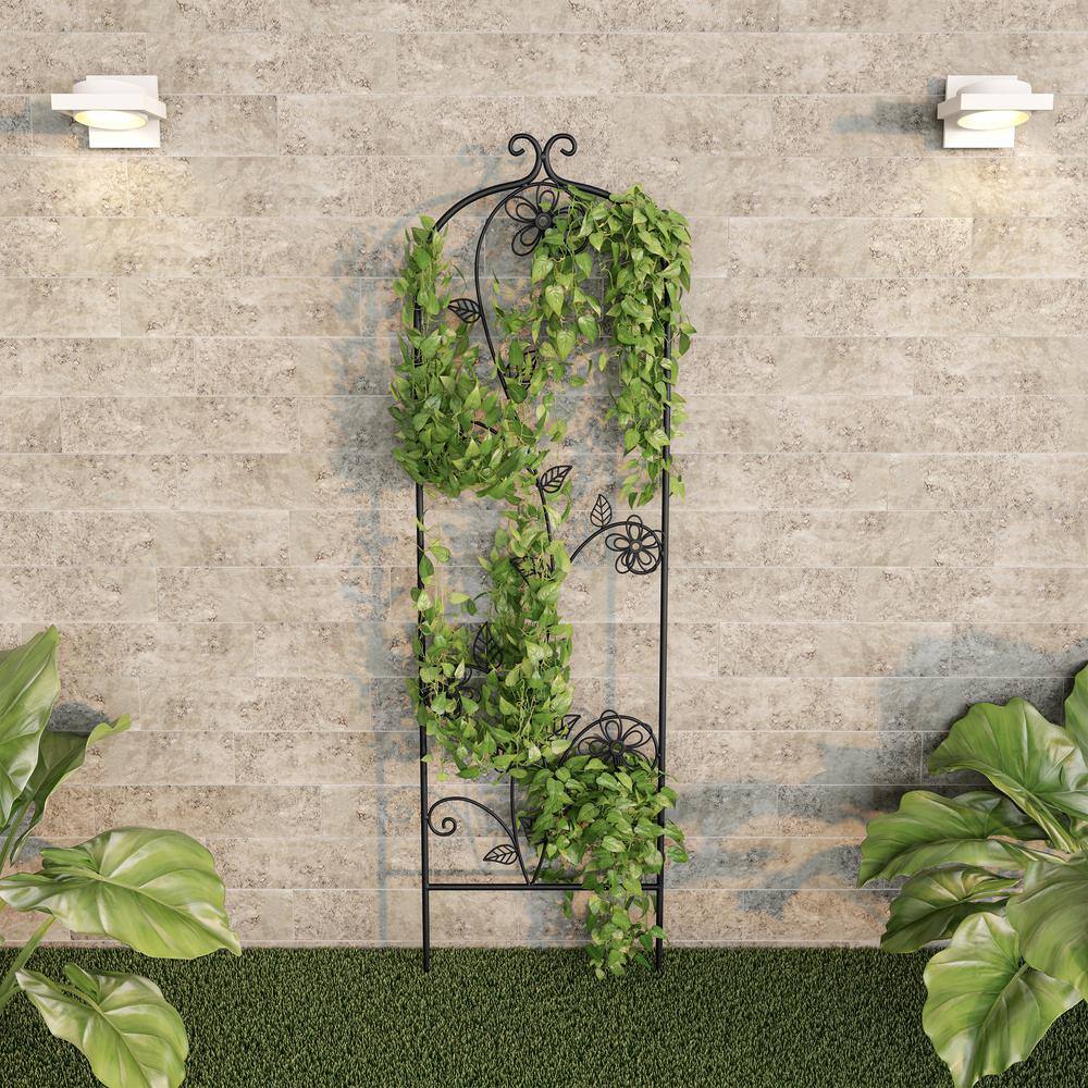 49 in. Decorative Flower Stem Design Metal Garden Trellis for Climbing Plants in Black 280023ION