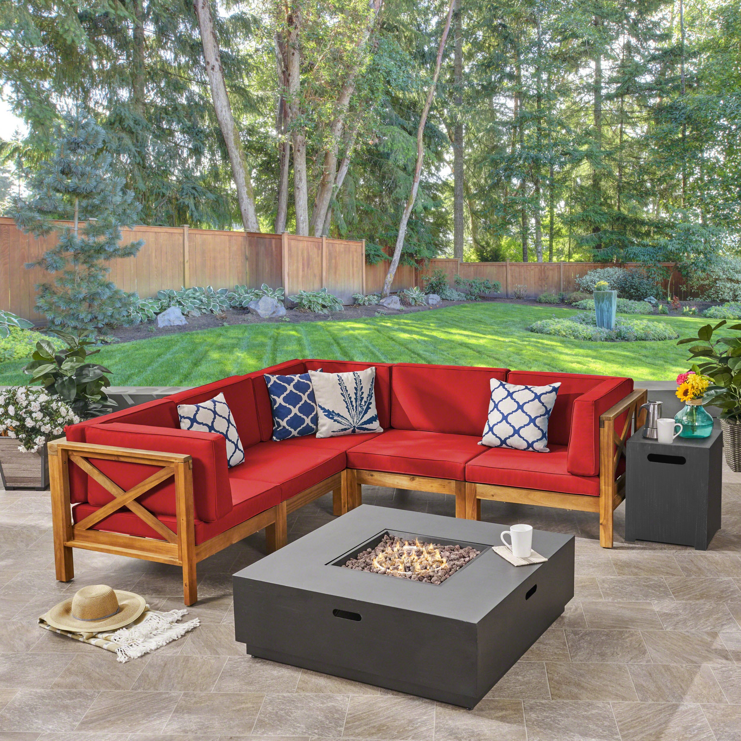 Gina Outdoor Acacia Wood 5 Seater Sectional Sofa Set with Fire Pit