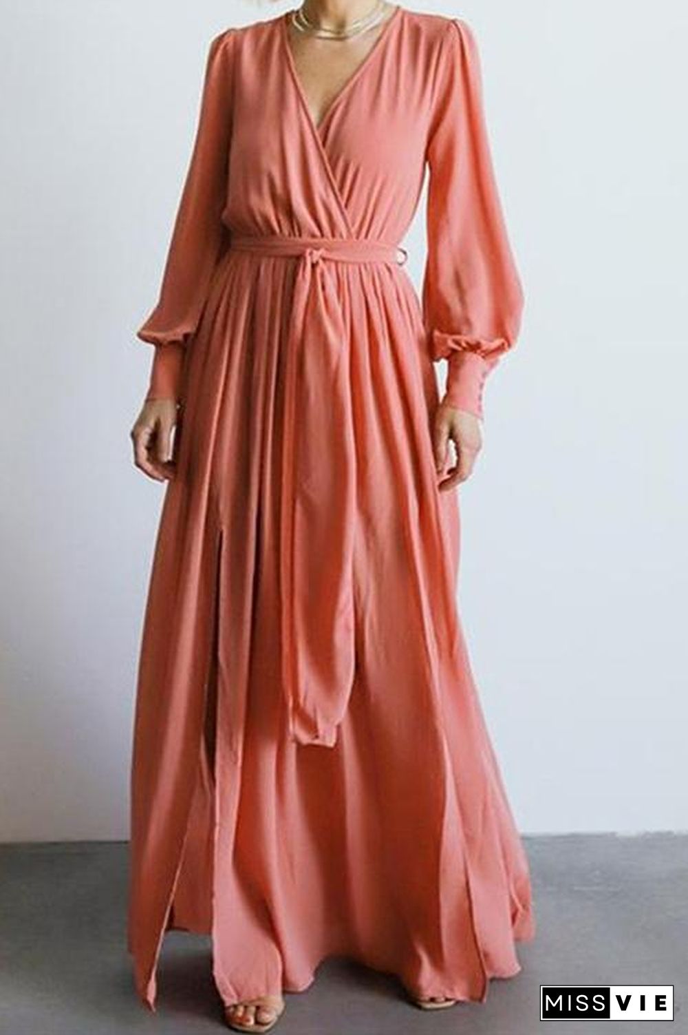 Button Puff Sleeve Belted Maxi Dress