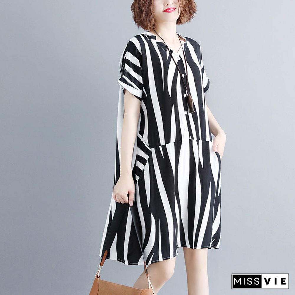 fashion striped cotton linen dresses plus size short sleeve gown v neck cotton linen dress