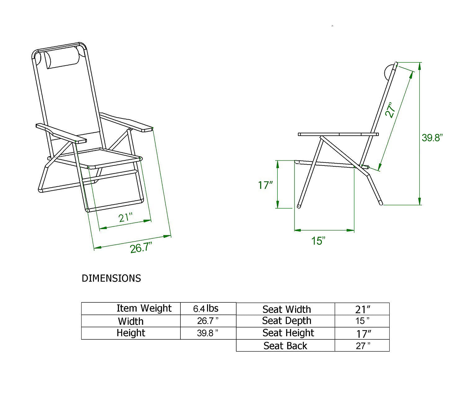 17 Inches High Off Ground 4 Reclining Position Tall Beach Chair for Adults