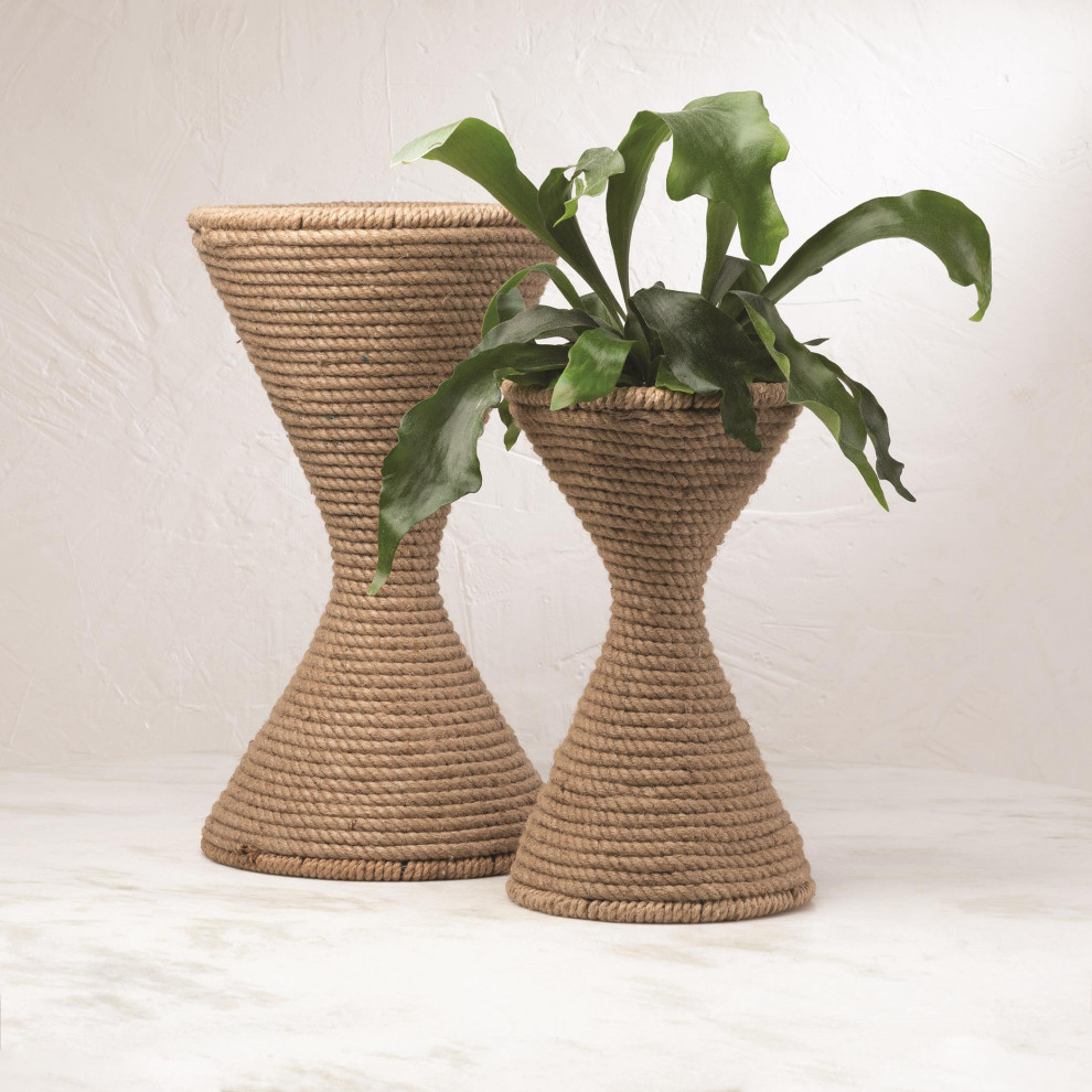 Elegant Large Mid Century Modern Jute Rope Planter 24 quotStanding Floor Hourglass   Beach Style   Outdoor Pots And Planters   by My Swanky Home  Houzz