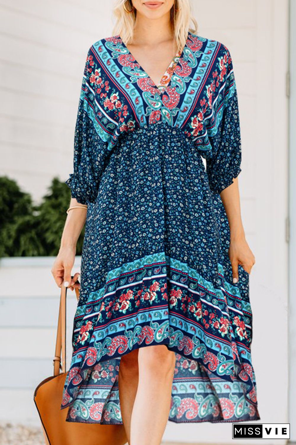 Casual Print Split Joint V Neck Irregular Dress Dresses