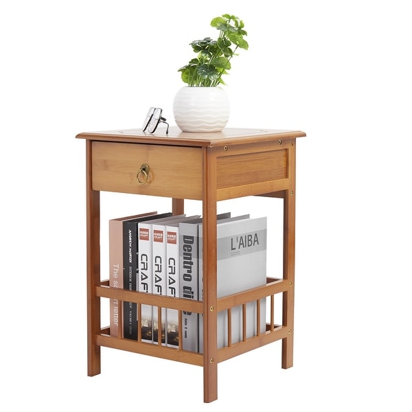 Bamboo End Side Table Nightstand with 1 Drawer