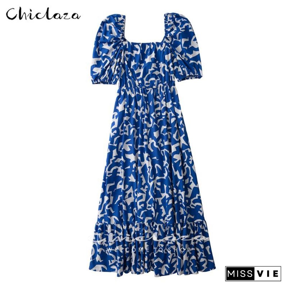 CHICLAZA Women New Summer Sexy V Neck Party Dress Ladies Casual Solid Print A Line Midi Beach Dresses Female