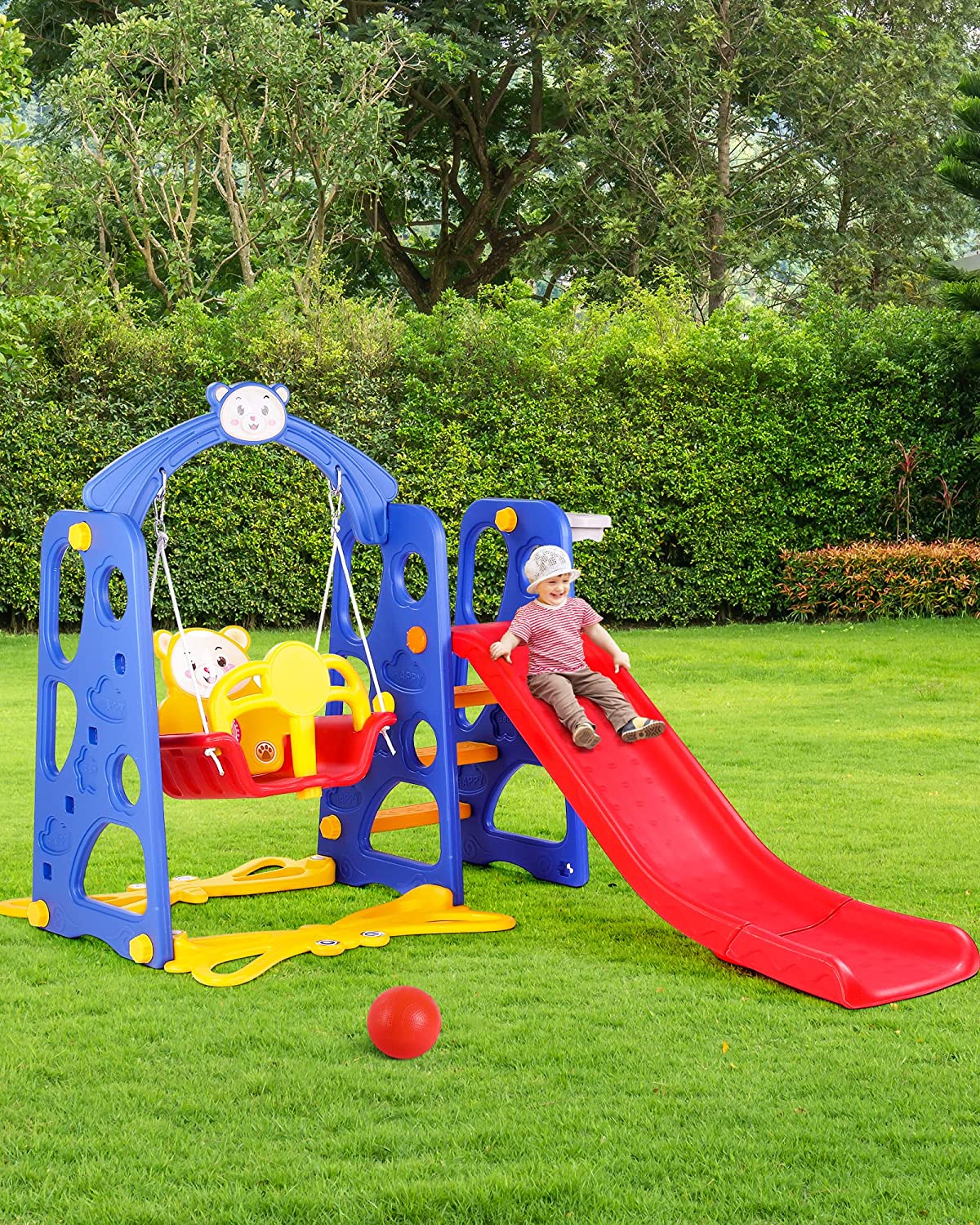 Swing Slide Baby Kids Swing Slide Climber Set Playset Playground Set with Basketball Hoop and Ball