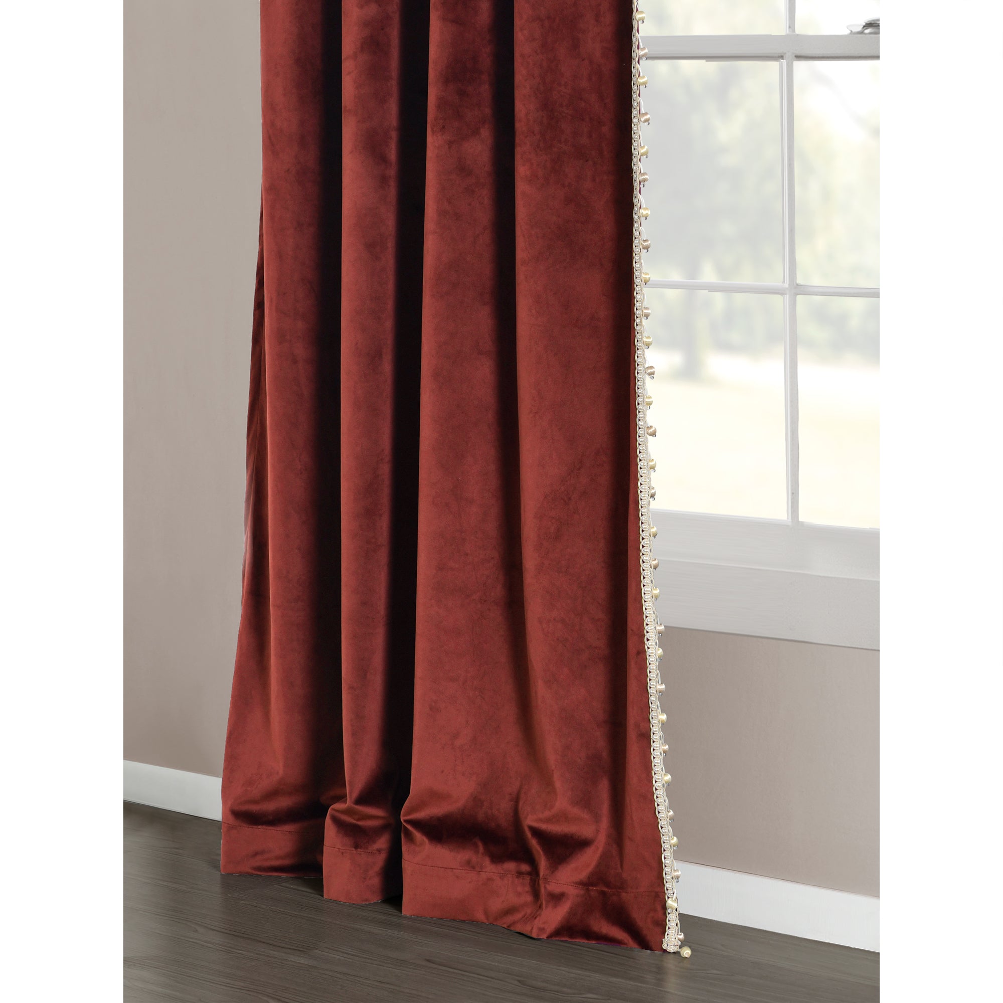 Luxury Vintage Velvet With Silky Pompom Trim Window Curtain Panel