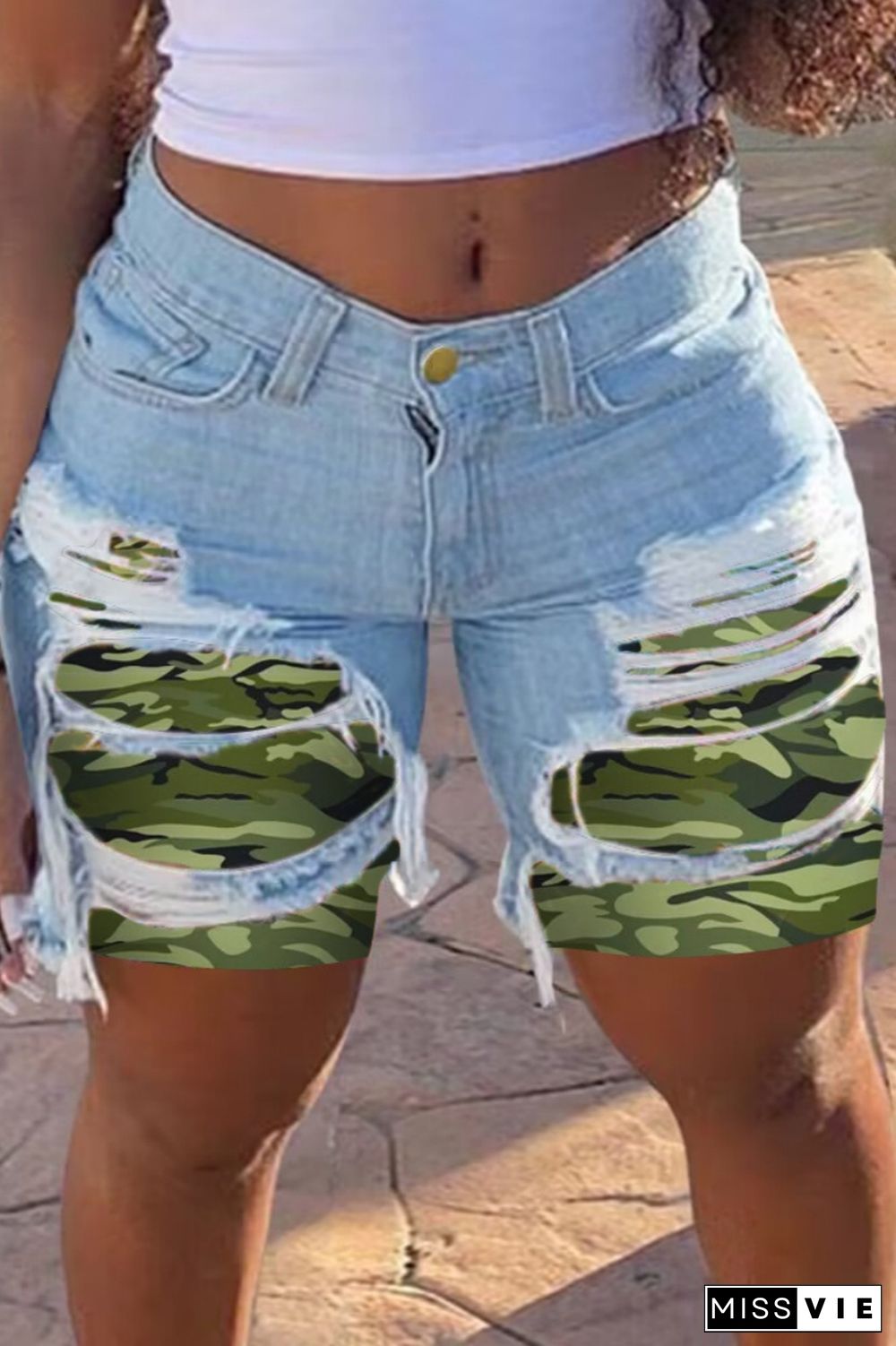 Casual Patchwork Ripped Mid Waist Skinny Denim Shorts