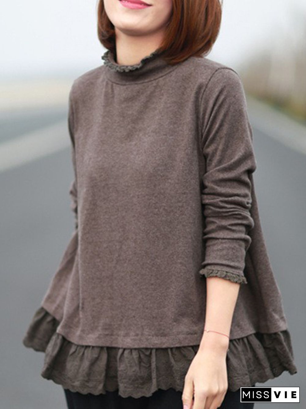 Original Creation Long Sleeves Loose Ruffled Solid Color Stand Collar T-Shirts Tops