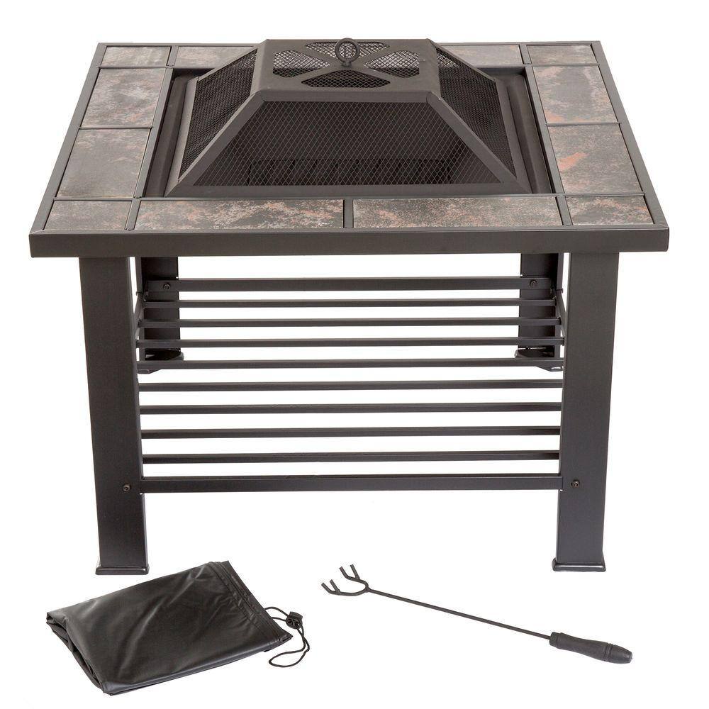 Pure Garden 30 in. Square Steel Fire Pit and Table with Cover M150016