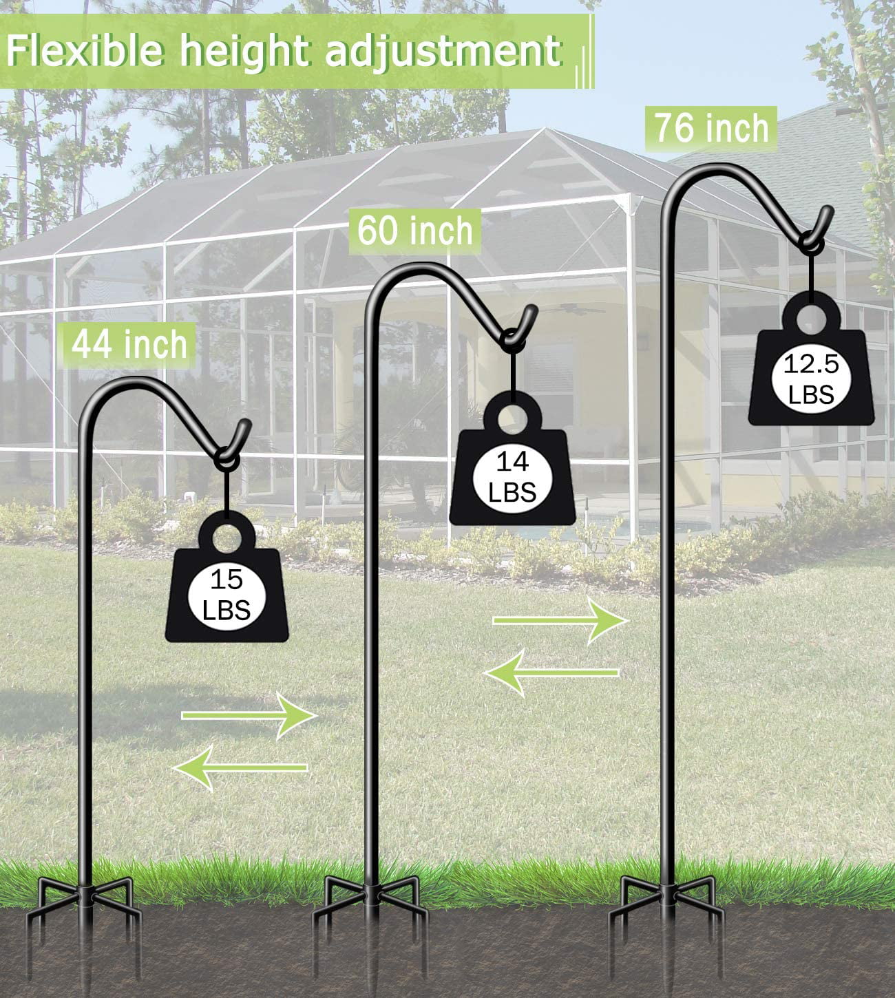 Garbuildman 76 inch Tall Shepherd Hooks with 5-Forked Base, Adjustable Heavy Duty Bird Feeder Pole Stand Hanger for Outdoor, Shiny Black, 1 Pack