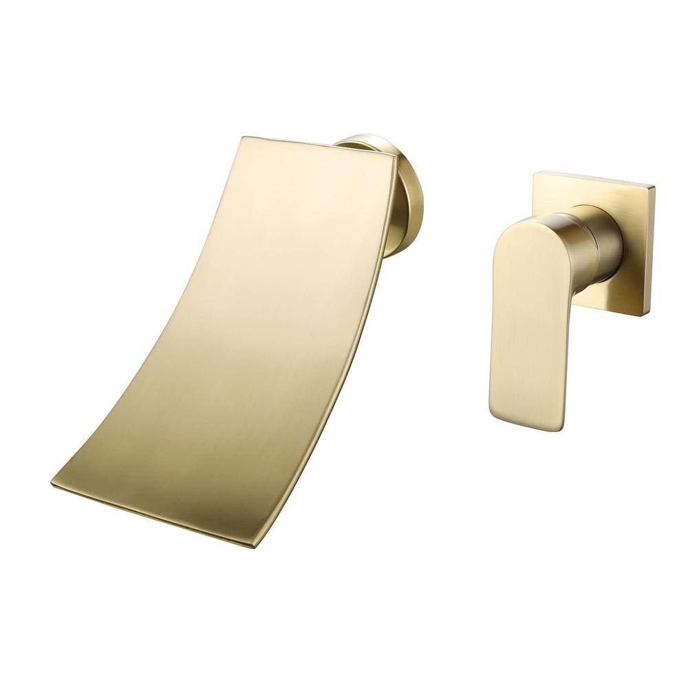 FLG Single-Handle Wall Mounted Bathroom Faucet Waterfall Brass Bathroom Sink Vanity Taps in Brushed Gold (Valve Included) KK-0069-BG