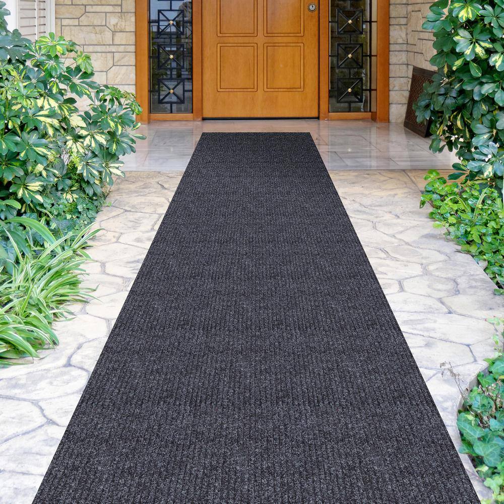 Sweet Home Stores 2 ft. W x 25 ft. L Black Ribbed Waterproof Non-Slip Rubber Back Solid Runner Rug Polypropylene Garage Flooring SH-SRT704-2X25