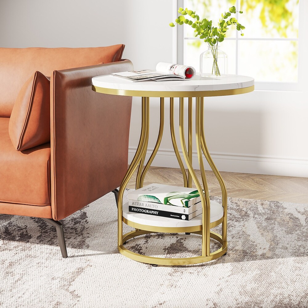 Round Side Table White Gold End Table 2 Tier End Table Modern Bedside Table Small Side Table with Storage for Living Room