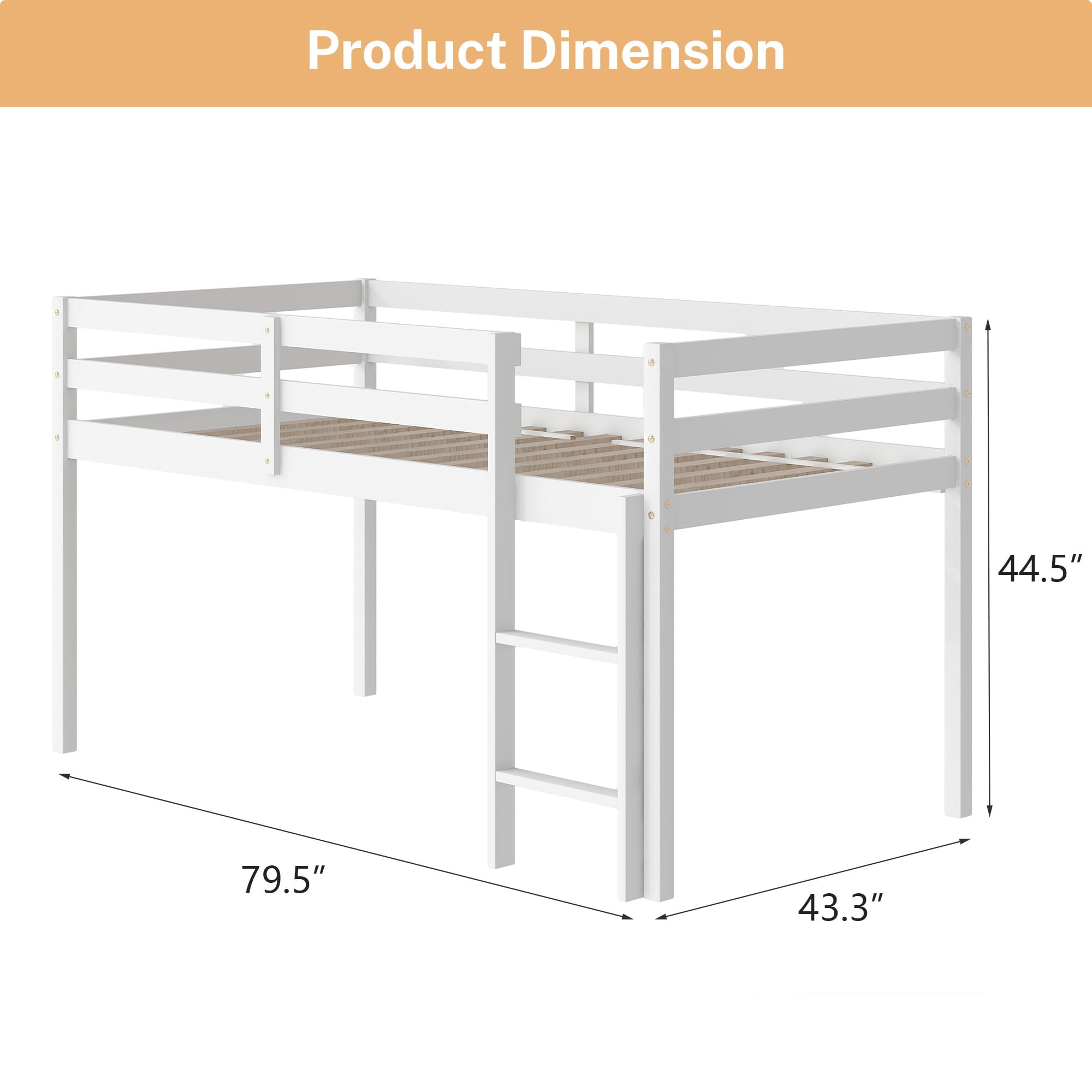 Twin Wood Loft Bed with Full-length Safety Rail and Ladder, Modern Loft Bed Frame for Kids Teens Adult, Space Saving Bedroom Low Loft Bed, No Box Spring Needed, White, J2309