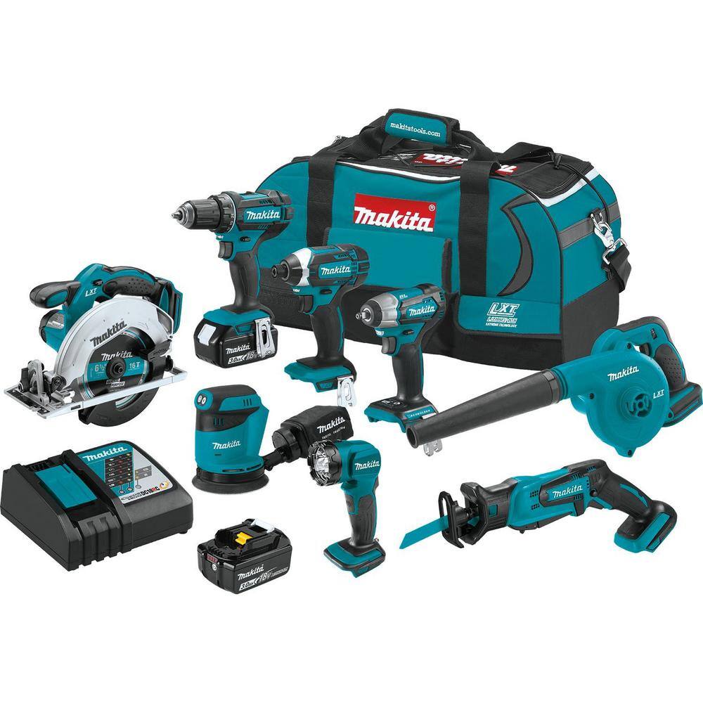 Makita 18V LXT Lithium-Ion 8-Piece Kit Drill Impact Drvr Circ Saw Recip Saw Sander Impact Wrench Blower Light 3. 0Ah XT801X1