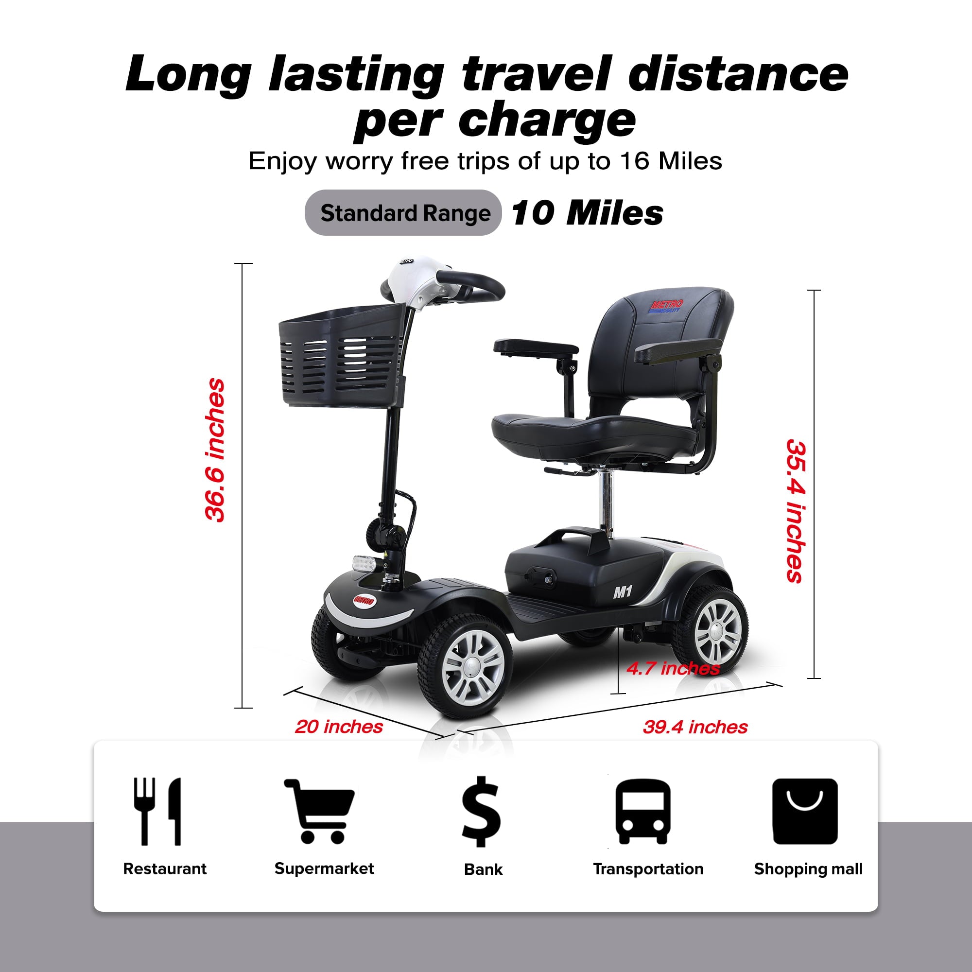 Compact Mobility Scooter, 4 Wheel Electric Powered Wheelchair Device - 300lbs Heavy Duty Mobile for Travel, Adults, Elderly - Power Extended Battery with Charger and Basket - Silver