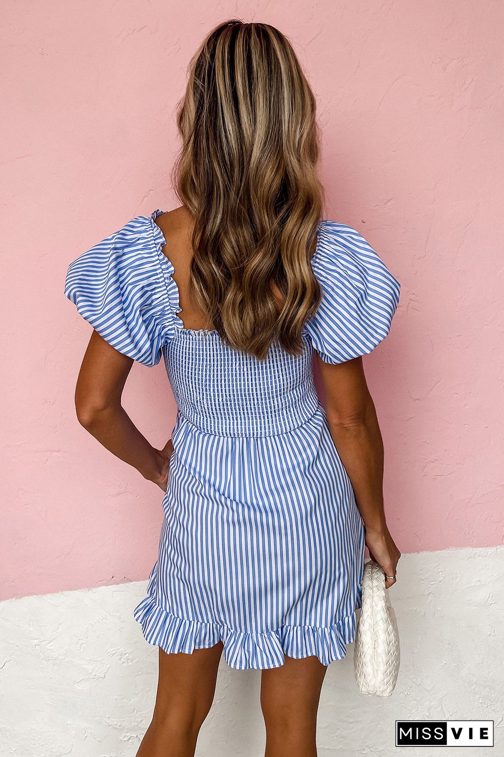 Striped Print Shirred Square Neck Puff Sleeve Mini Dress