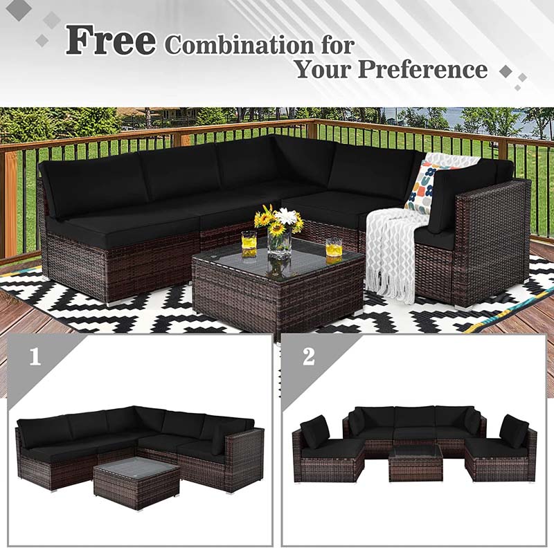 6 Pcs Rattan Patio Sectional Sofa Set Outdoor Conversation Furniture Set with Cushions & Glass Coffee Table