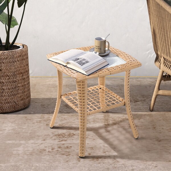 Patio Watcher Outdoor PE Rattan Side Table with 5mm Tempered Glass Top