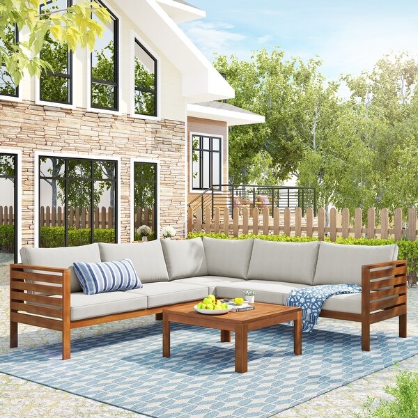 Acacia Wooden Outdoor Sectional Sofa Set，WaterResistant and Uv Protected Texture Sofa with Cushions and Table