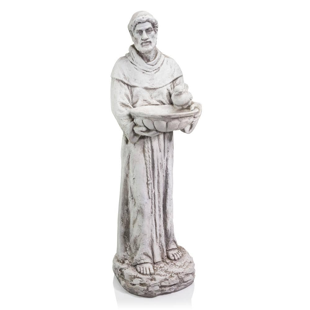 Alpine Corporation 45 in. Tall Outdoor Saint Francis Birdbath Statue Yard Art Decoration, Light Gray QFC106