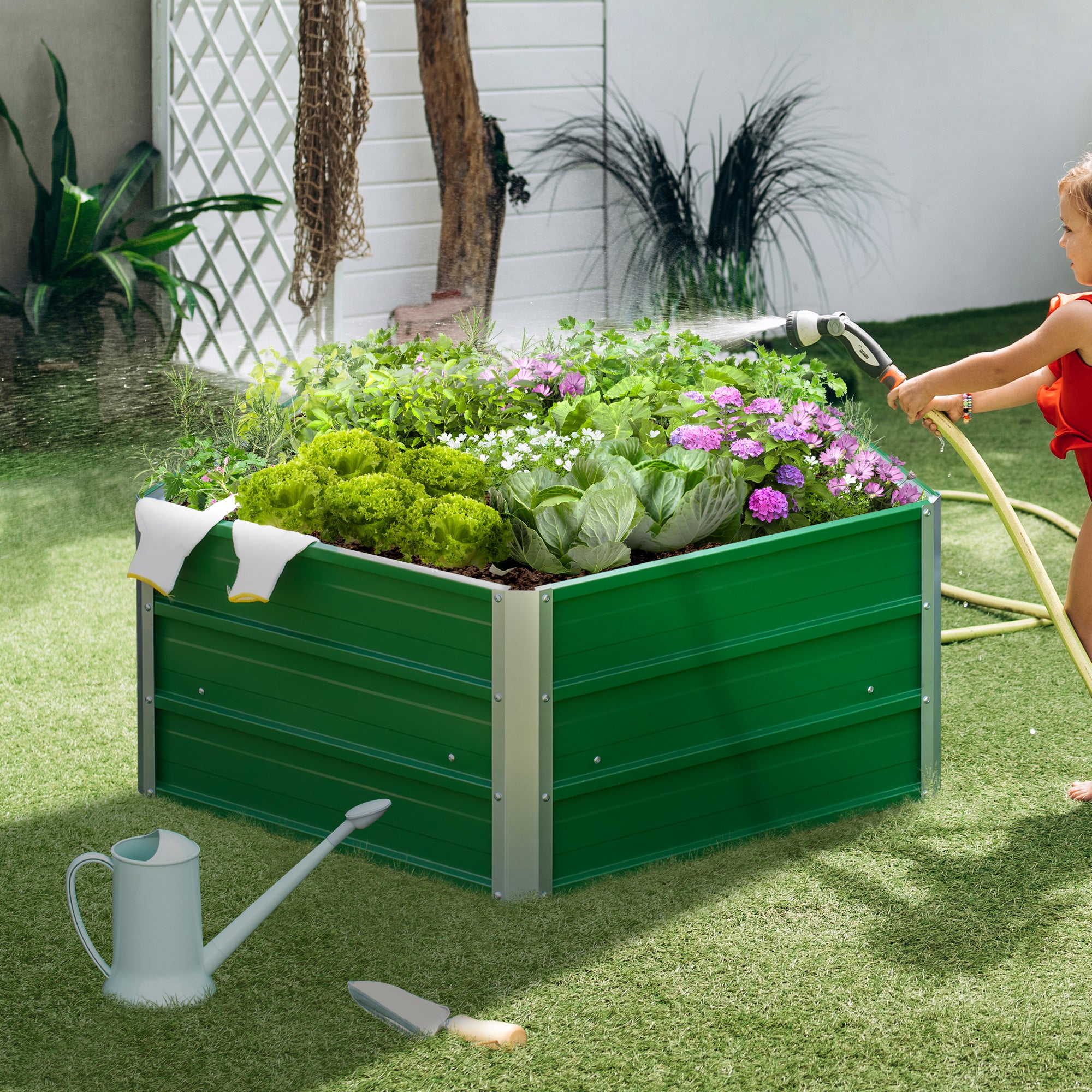 Outsunny Pentagon Raised Garden Bed, Elevated Large Metal Planter Box, Green