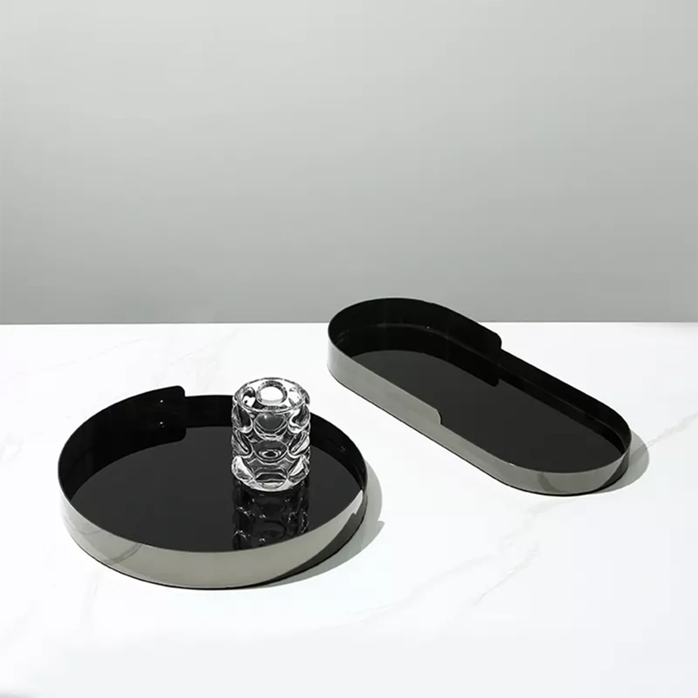 Black Glass Tray With Silver Metal Detail - Oval Fc-W22007