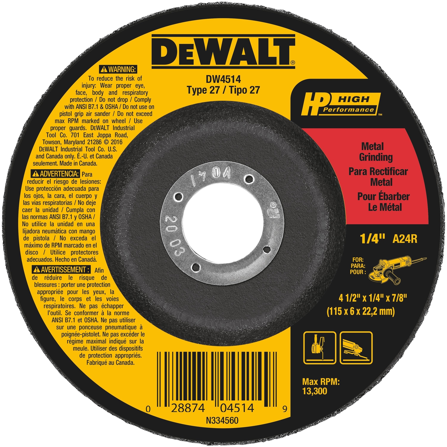 DW High Performance 4.5 in. D X 7/8 in. Grinding Wheel