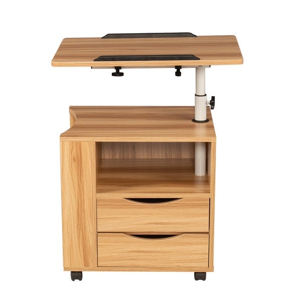 Movable End Table with Height Adjustable Swivel Top and 2 Drawers， Wood End Table with Open Shelf and Q-Type Clip