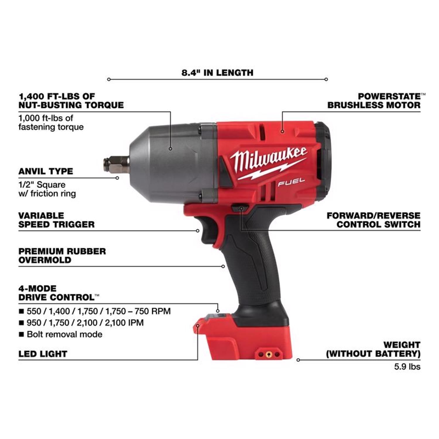 MW M18 FUEL 18 V 1/2 in. Cordless Brushless High Torque Impact Wrench Tool Only