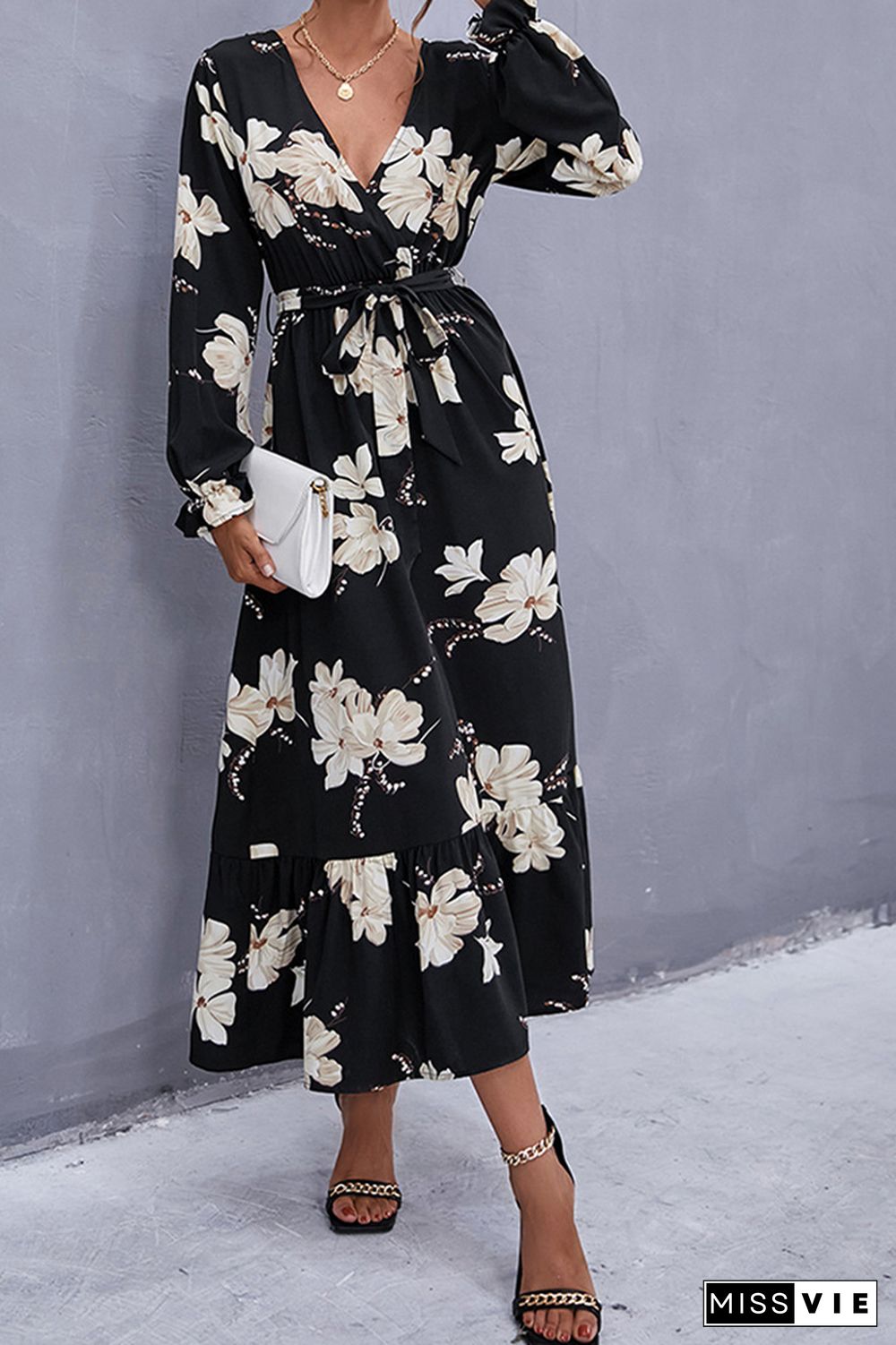 Surplice V Neck Floral Maxi Dress