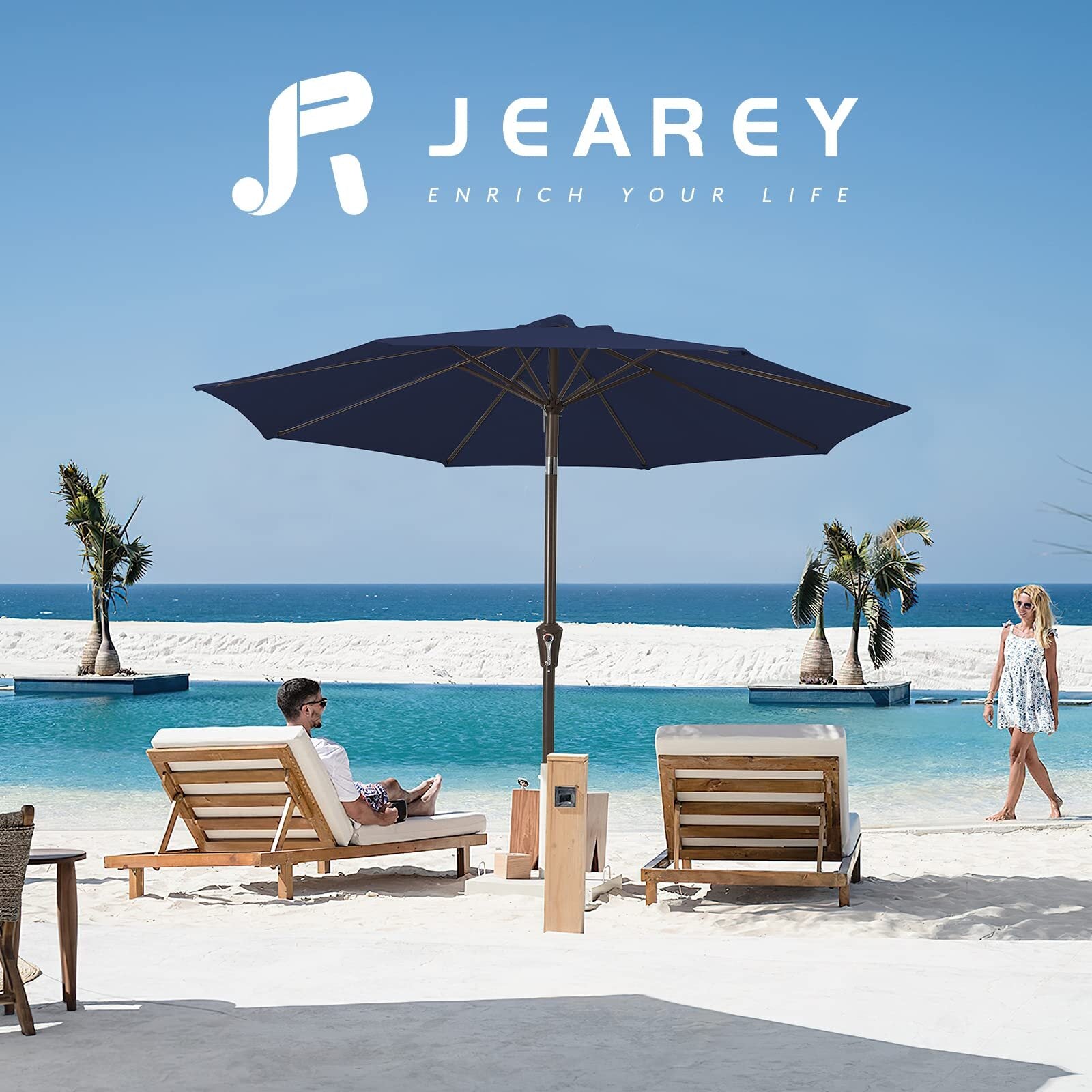 JEAREY 9FT Outdoor Patio Umbrella Outdoor Table Umbrella with Push Button Tilt and Crank,Navy