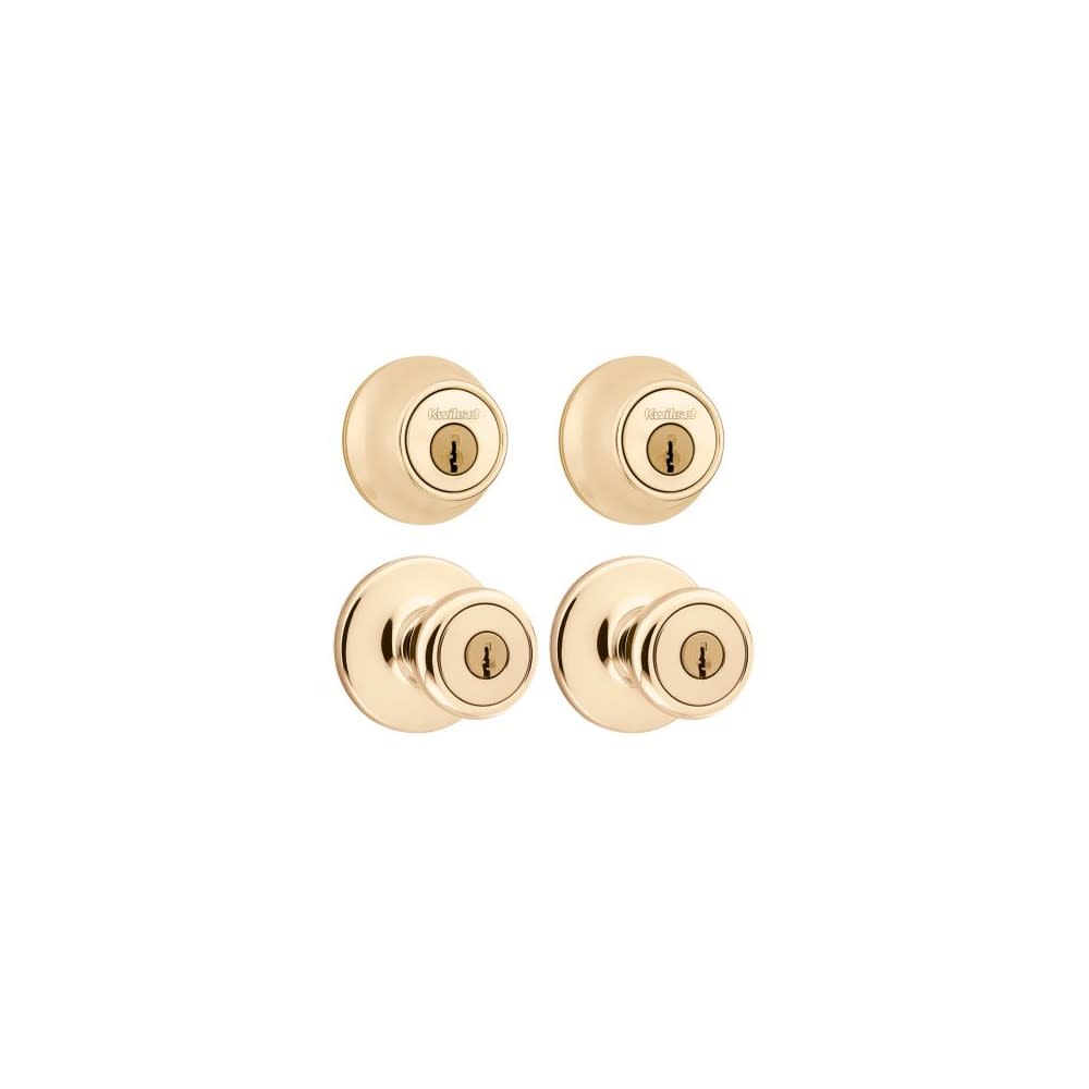 Polished Brass Tylo Knob Entry Lockset and Single Cylinder Deadbolt ;