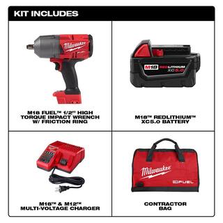 MW M18 FUEL 18V Lithium-Ion Brushless Cordless 12 in. Impact Wrench wFriction Ring Kit wOne 5.0 Ah Battery and Bag 2767-21B