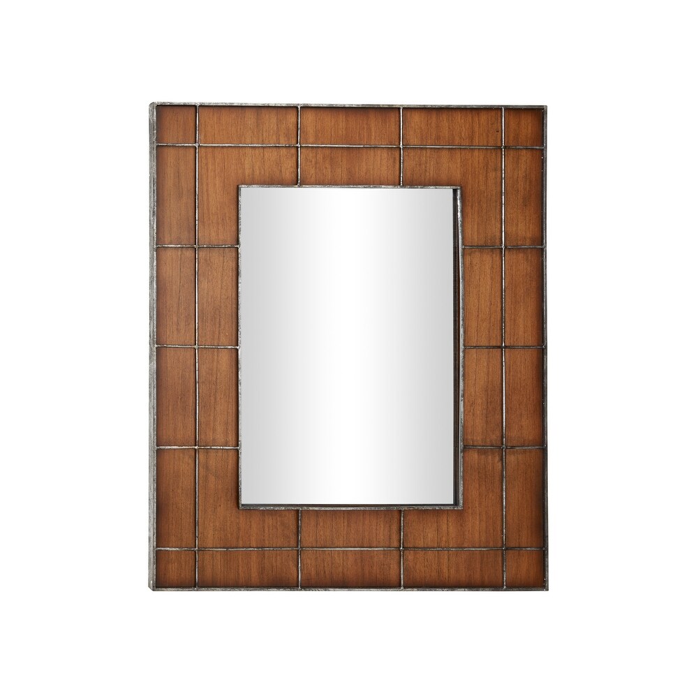 Large Rectangular Golden Brown Wood Wall Mirror with Metal Grid Overlay 36 x 44   36 x 1 x 44