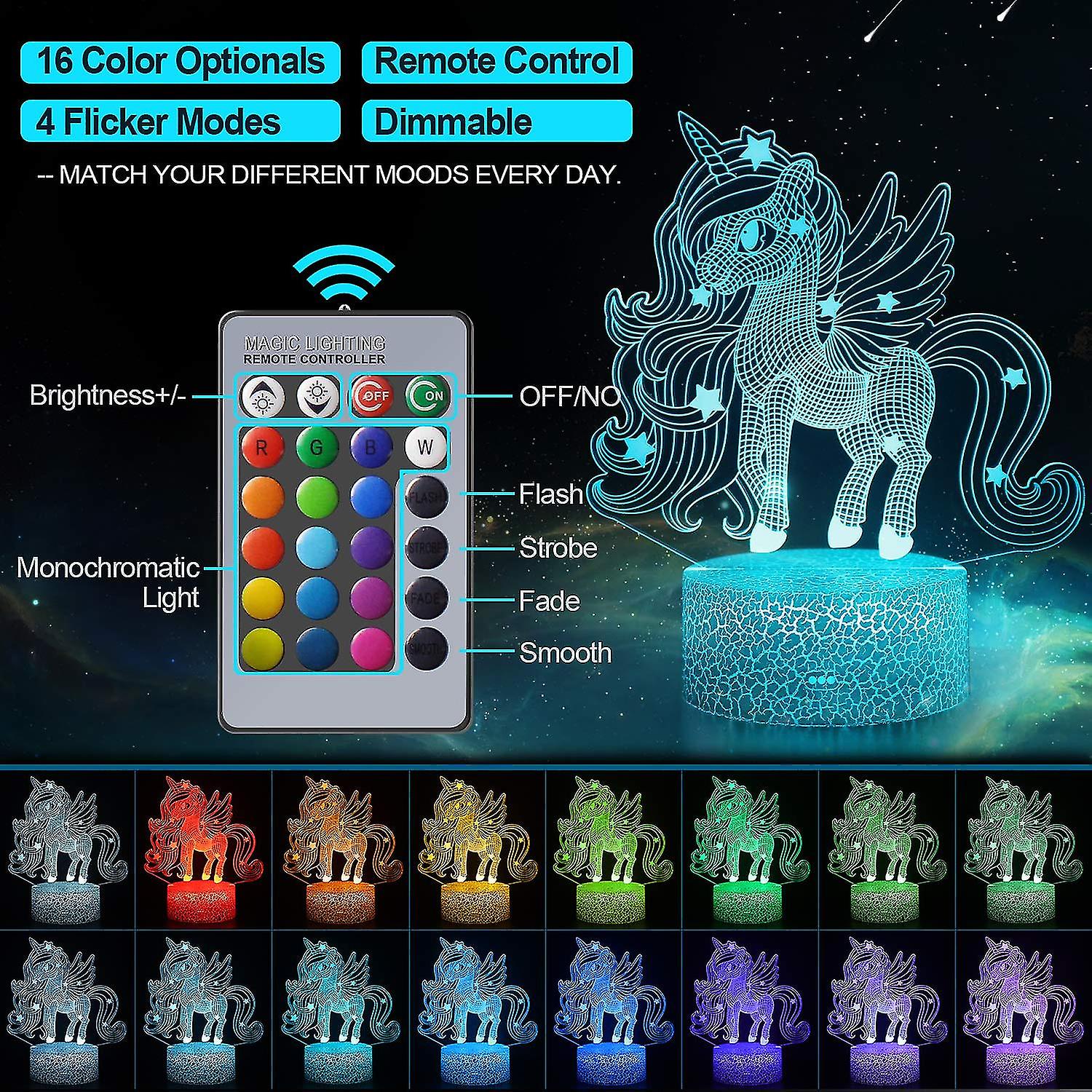 Unicorn Night Light For Kids，color Changing With Remote Control