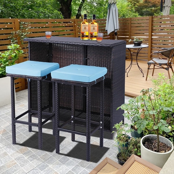 3 Piece Patio Bar Set，Outdoor Bar Table and Chairs Set for 2，Tiki Wicker Bar Table Set with Stools and Removable Cushions