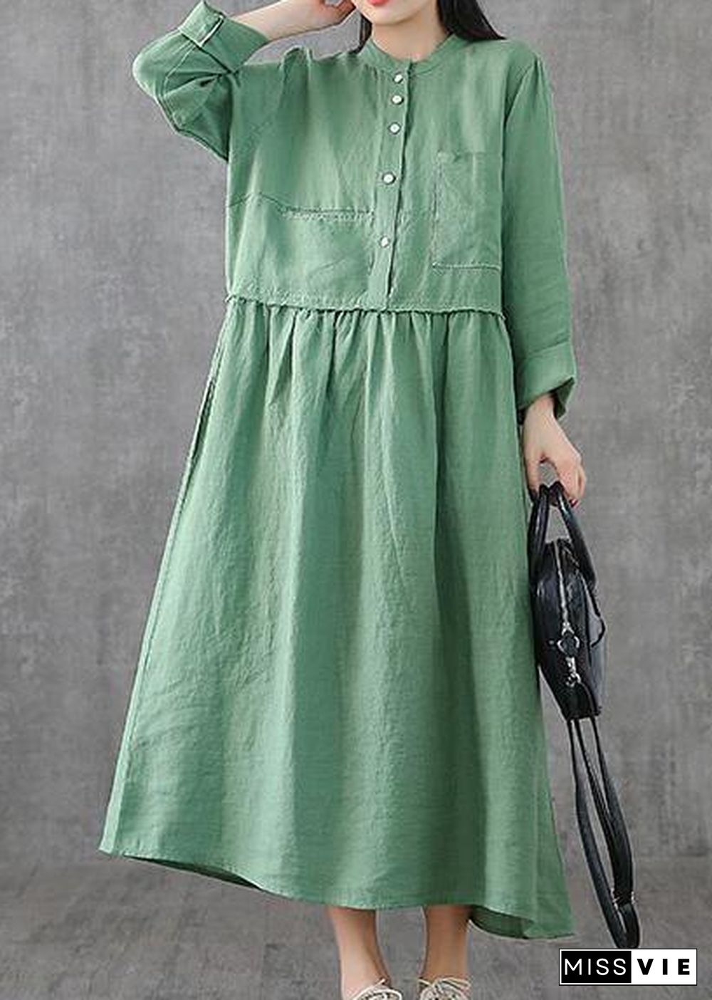 Beautiful green linen clothes For Women o neck patchwork Maxi spring Dresses