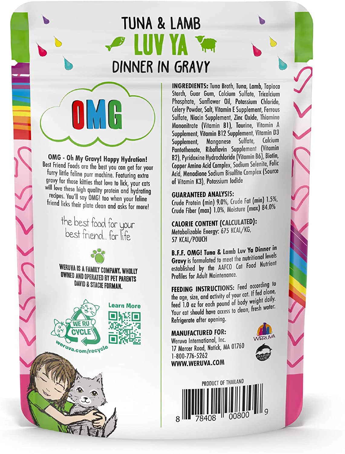 Weruva B.F.F. OMG - Best Feline Friend Oh My Gravy!， Tuna and Lamb Luv Ya with Tuna and Lamb in Gravy Cat Food， 3oz Pouch (Pack of 12)