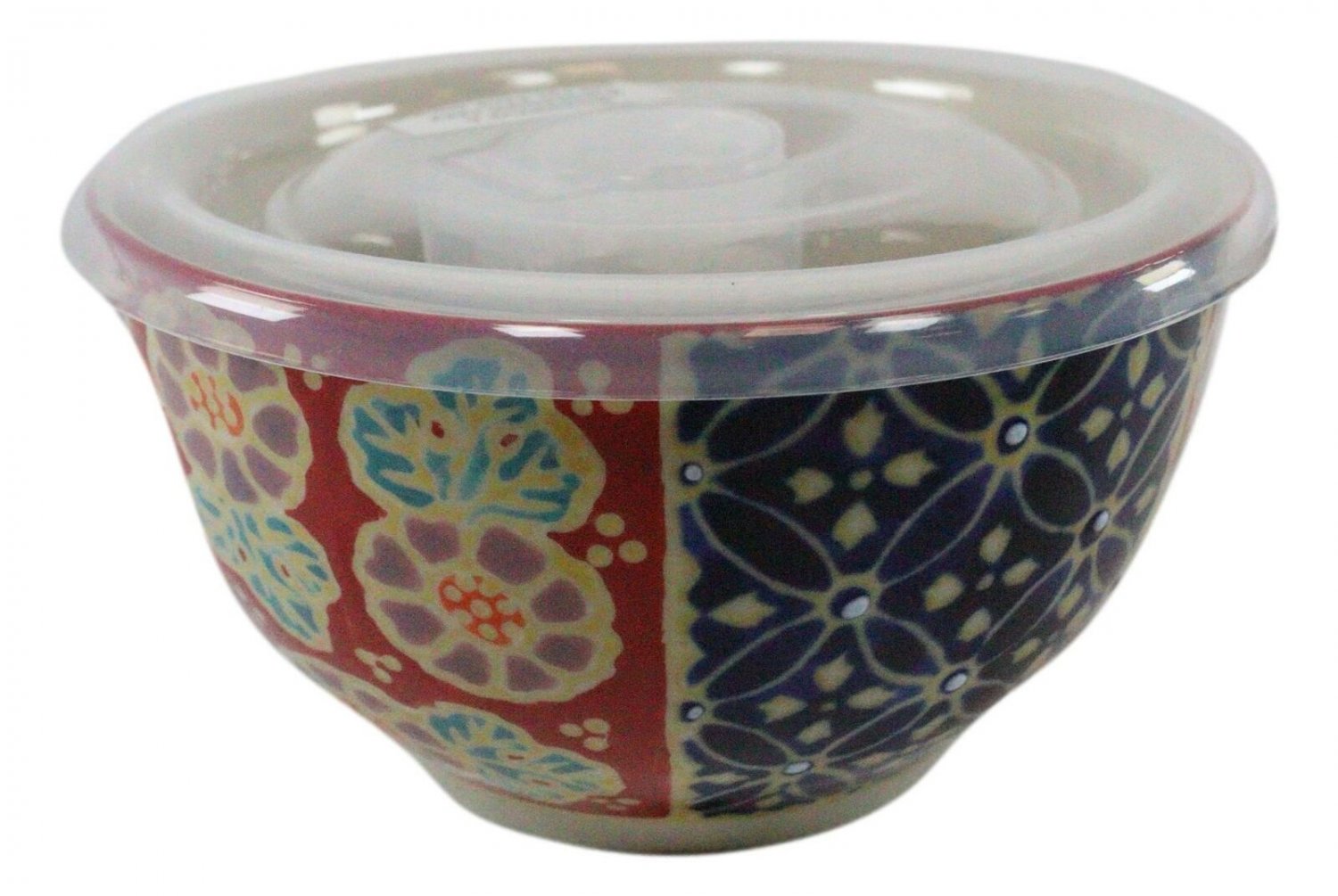 1 Set of 2 Ceramic Blue Red Floral Patterns Portion Meal Bowls 2 Cups W/ Lid EBR02