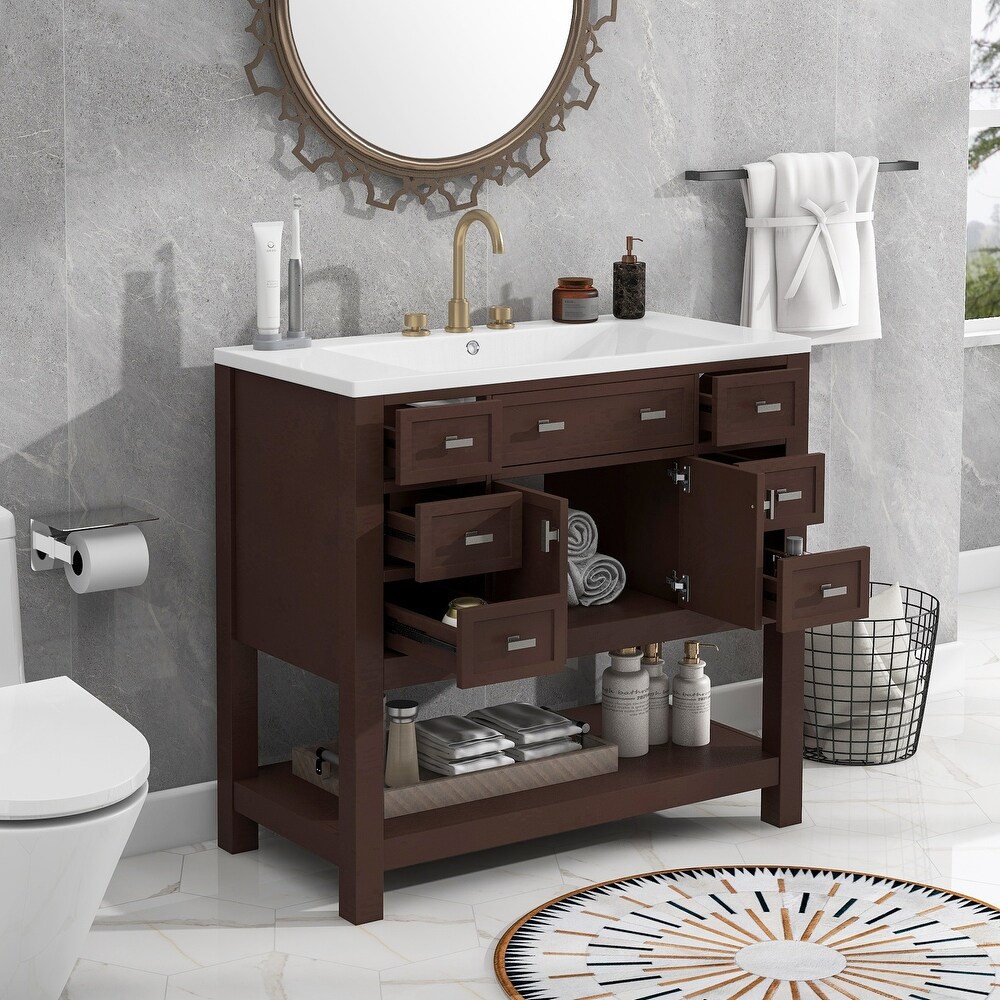 36'' Bathroom Vanity with Top Sink  Modern Bathroom Storage Cabinet with 2 Doors and 6 Drawers  Single Sink Bathroom Vanity