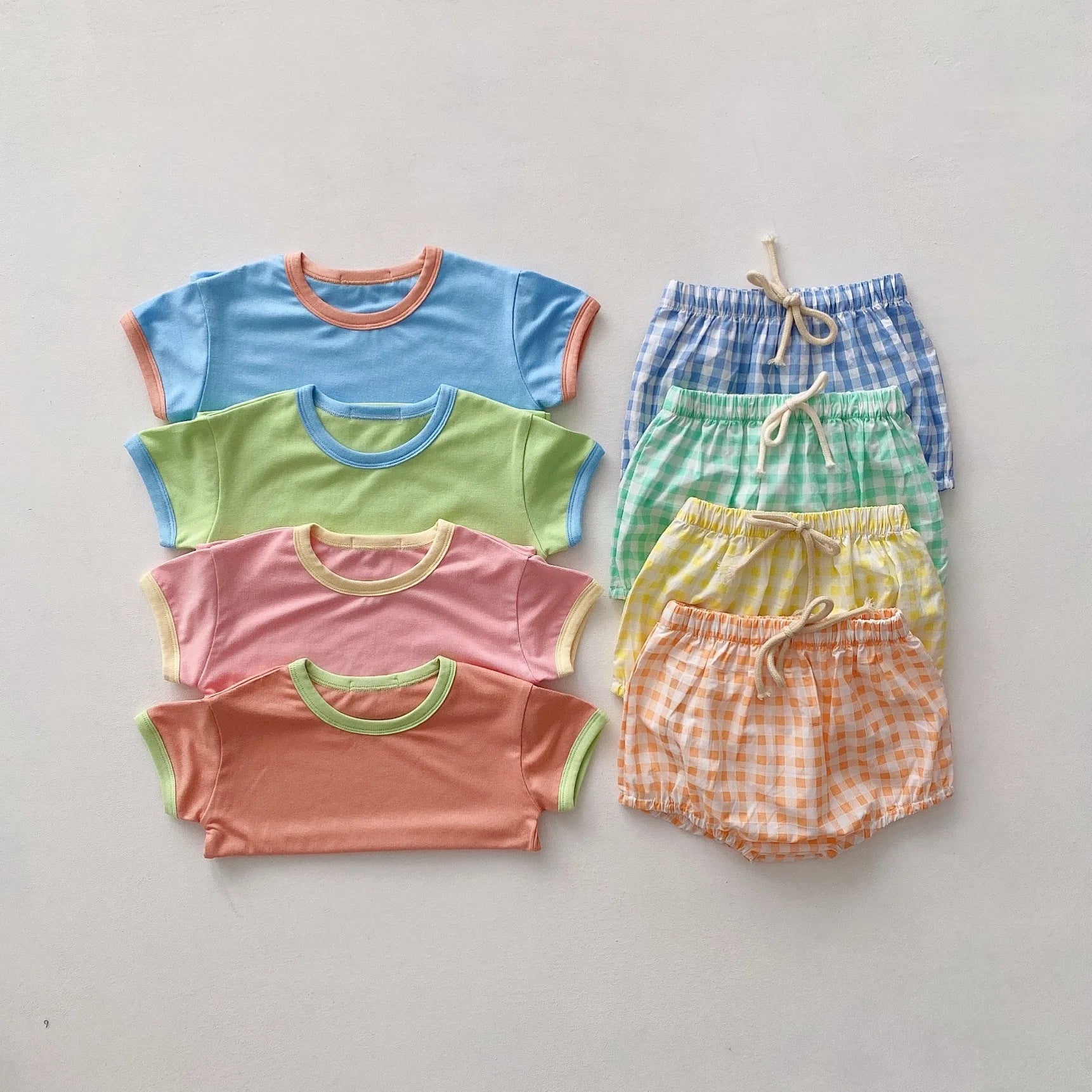 Infant Newborn Girls Boys Summer Short Sleeve Patch Top Tees Plaid Bottoms Kids Baby Clothing Cotton Sets 2pcs 0-24M