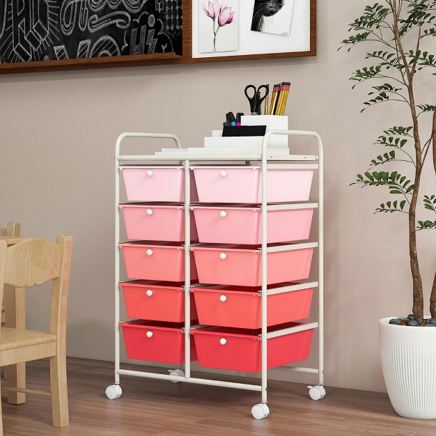 Tangkula 10 drawer Rolling Storage Cart Tools Scrapbook Paper Organizer On Wheels Pink Gradient