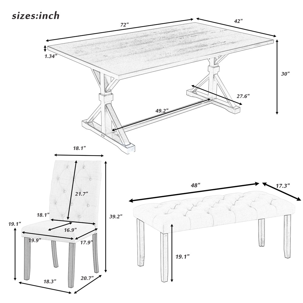 6 Piece Dining Table Set with Wood Table  4 Chairs and Bench