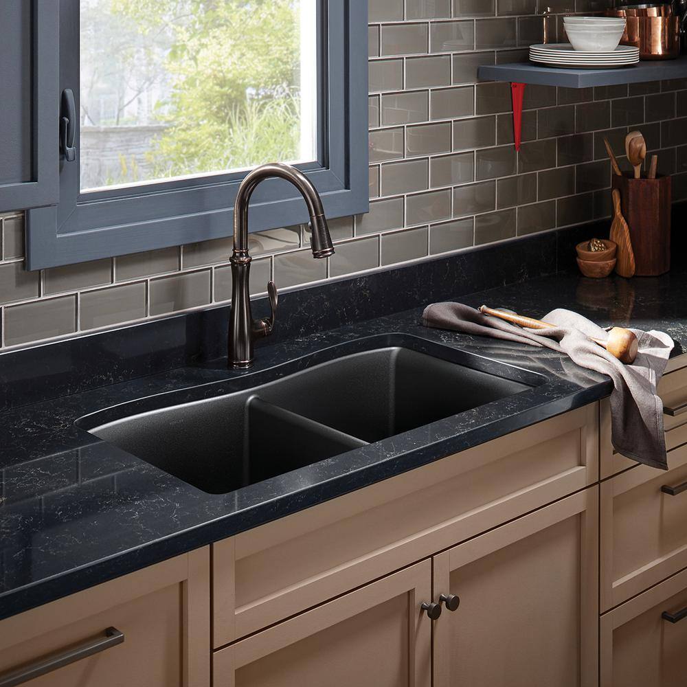 KOHLER Kennon 33 in. Drop-inUndermount 1-Hole Double Bowl Neoroc Granite Composite Kitchen Sink in Matte Black K-RH8185-1-CM1