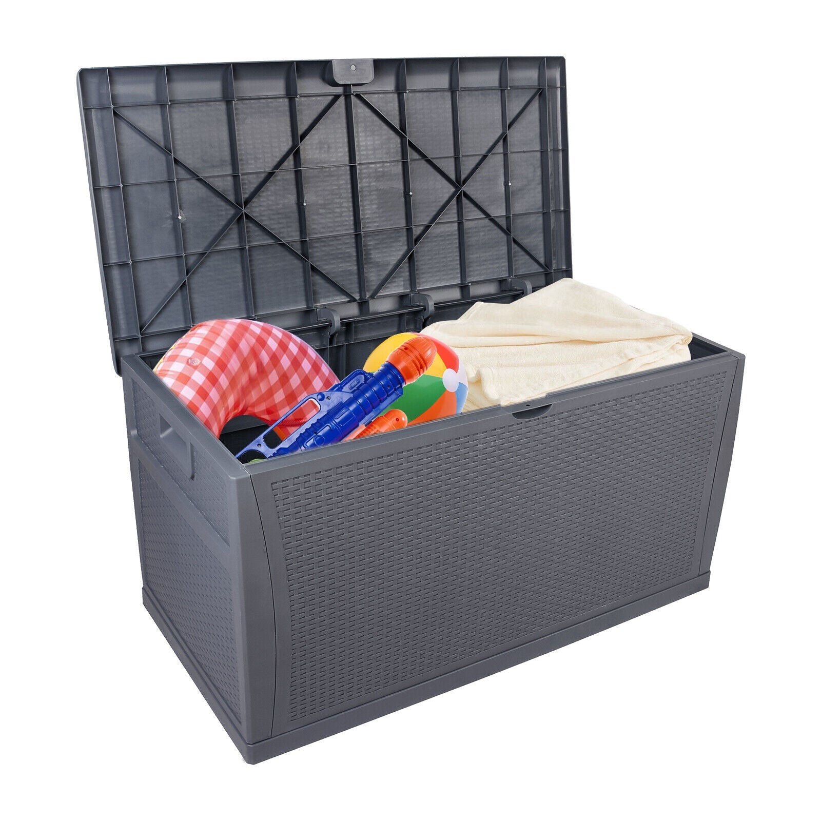 120 Gallon Resin Deck Box Indoor Outdoor Storage Box with Lockable Lid for Patio Cushions, Toys, Garden Tools Gray