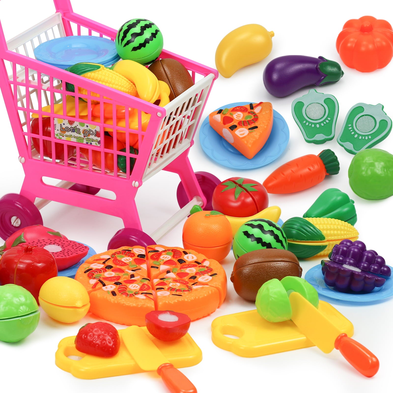 50pcs Pretend Play Food Toys,Plastic Cutting Food Toys for Kids Kitchen Toys Accessories with Storage Shopping Cart,Cutting Pizza Grocery Fruits Vegetable Food Kitchen Toys Family Playset