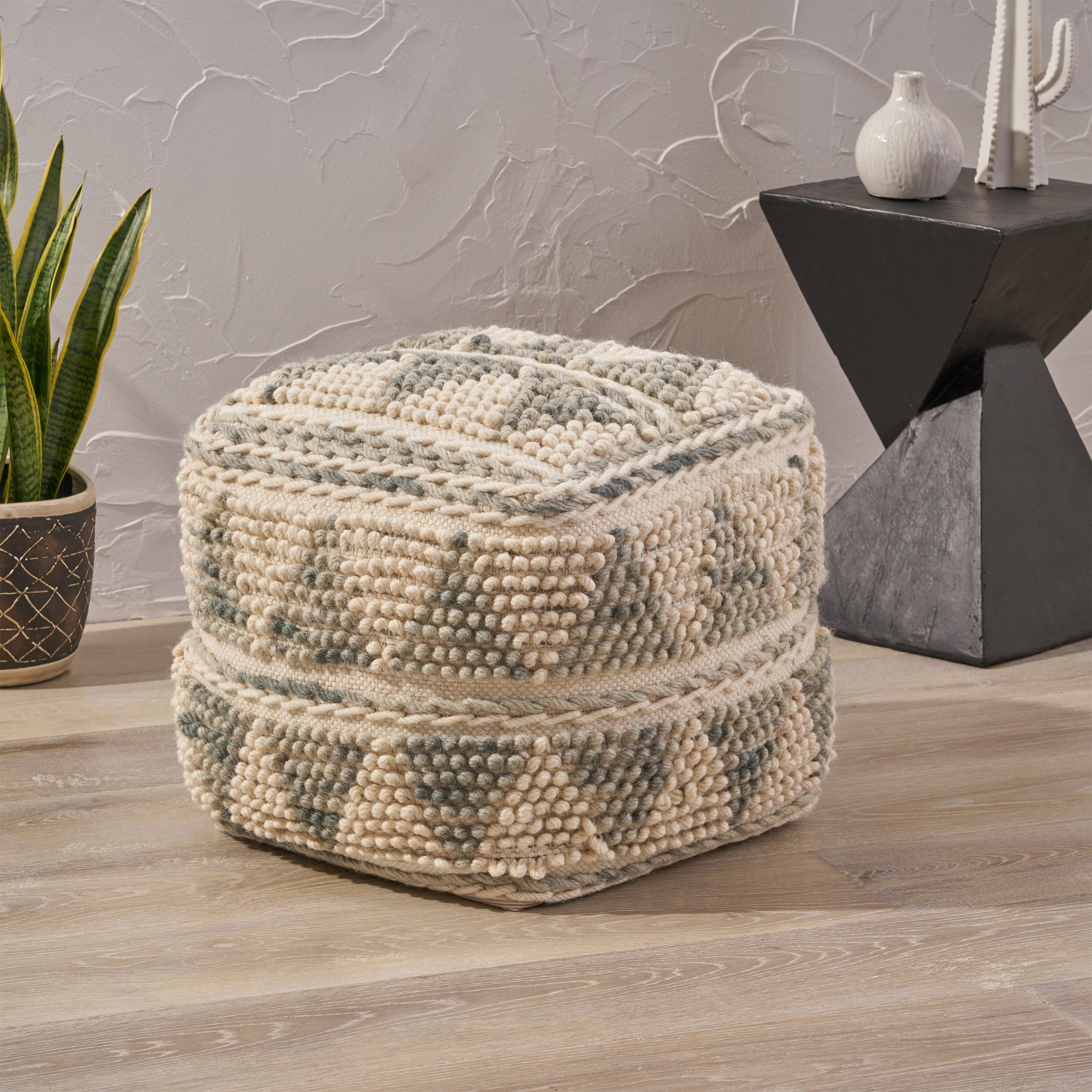 Rosalin Boho Wool and Cotton Ottoman Pouf